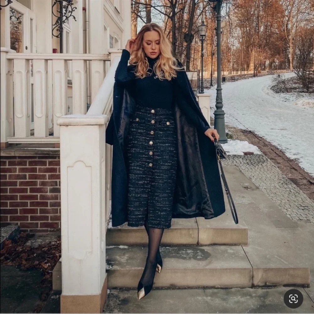 Zara Black Tweed Texture Gold Metallic Buttons Front Slit Midi Pencil Skirt - Picture 5 of 16